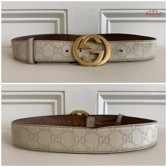 Authentic Gucci Cream Guccissima Leather Gold Interlocking G Buckle Belt 80/32 - Picture 5 of 13